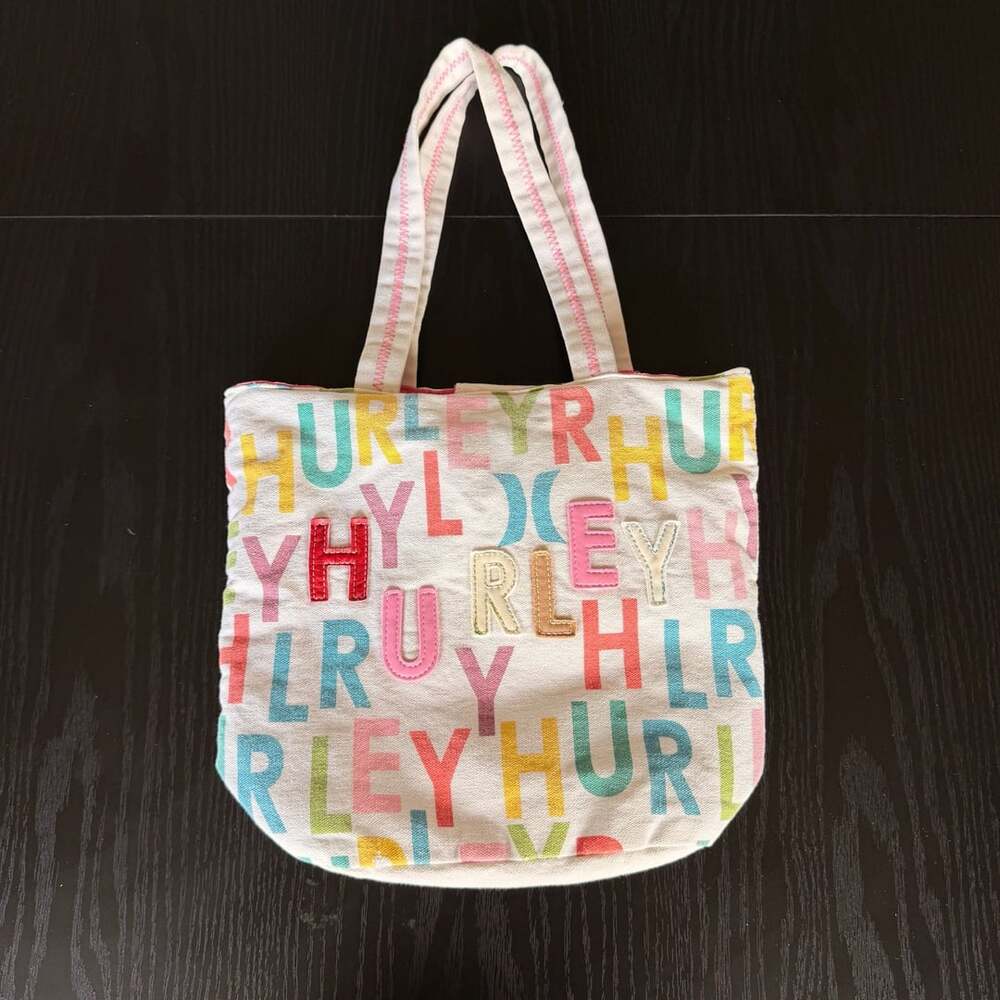 Hurley Colorful Multi-Letter Print Canvas Tote Bag with Embroidery